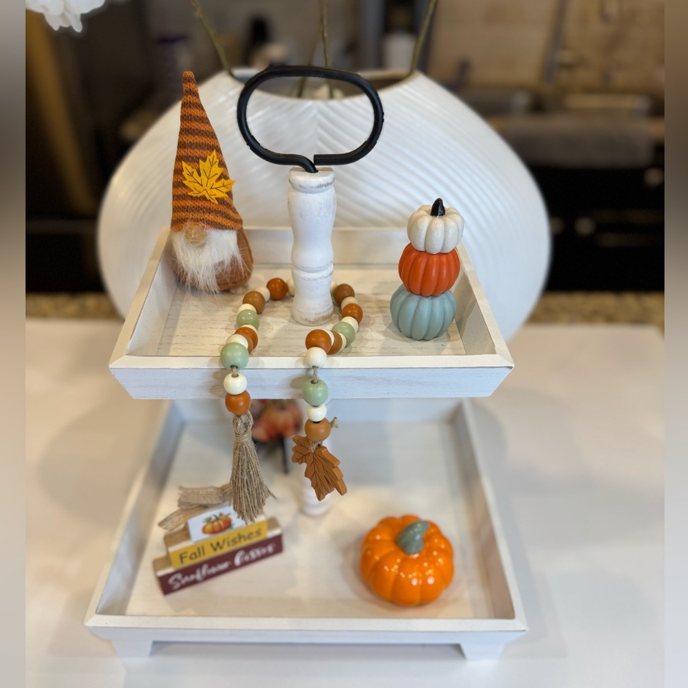 Charming Two-Tier White Wooden Tray For Decorations, Food For Entertaining NWT
